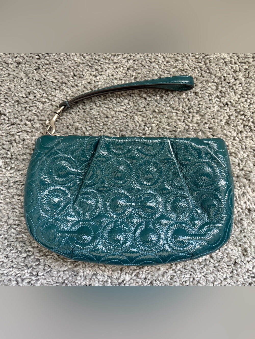 Coach Teal Patent Leather Signature C Wristlet Clutch